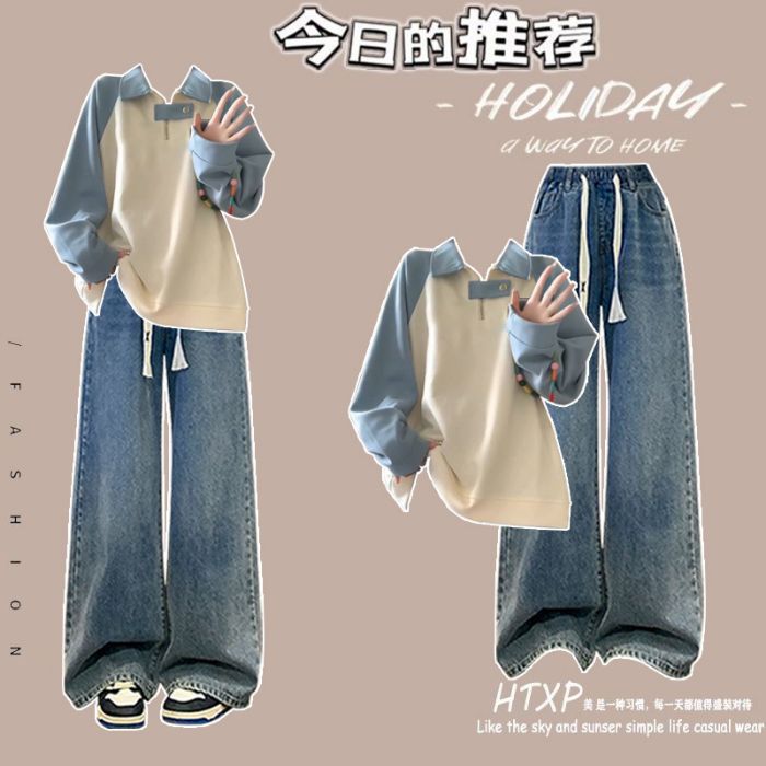 Fashion Suit # Sweet and Cool Preppy Style Polo Collar Design Sweatshirt Paired with Drawstring Elastic Slimming Look Jeans Fashion Suit # Sweet and Cool Preppy Style Polo Collar Design Sweatshirt Paired with Drawstring Elastic Slimming Look Jeans