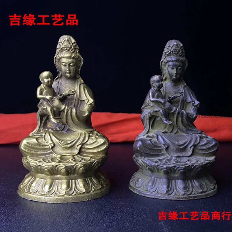 仿古佛像收藏抱子观音佛像摆件莲花底座坐款观音佛像家居装饰摆件