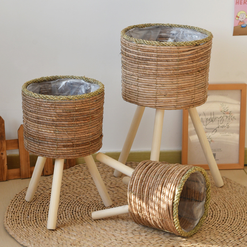 Balcón nórdico de caña decorativo de plantas estante de madera sólida sala de estar tipo piso de paja flor trenzada en maceta bambú trenzado estante