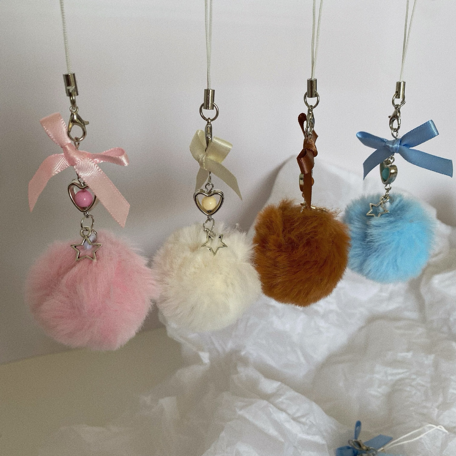 30g Weight Mobile Phone Chain, Keychain Classification 1 Piece Quantity Holiday, Daily Occasion Seto fur Material Bow Knot Pattern Pom Poms Design Cute Style 1 Piece Cute Bow Knot Seto Fur Pom Poms Mobile Phone Chain Keychain 5