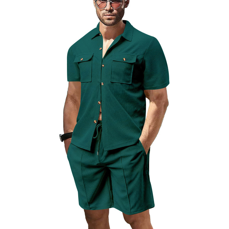 Monochrome Man- New Summer Cross-Border European And American Men's Waffle Solid Color Pocket Shirt Short Sleeve Shorts Two-Piece_voghion.com