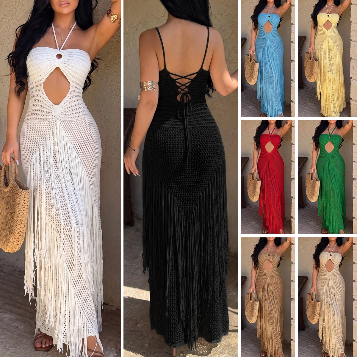 Cross-border European and American Amazon new sexy hand-crocheted long tassel halter-neck long dress with exposed waist beach cover-up