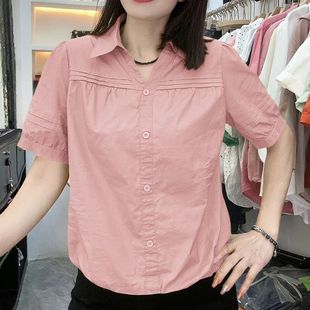 Pleated Short-sleeved Shirt Women's Short Meat-covered Shirt Summer New Style Thin Lapel Loose Slim-fit Top for Women