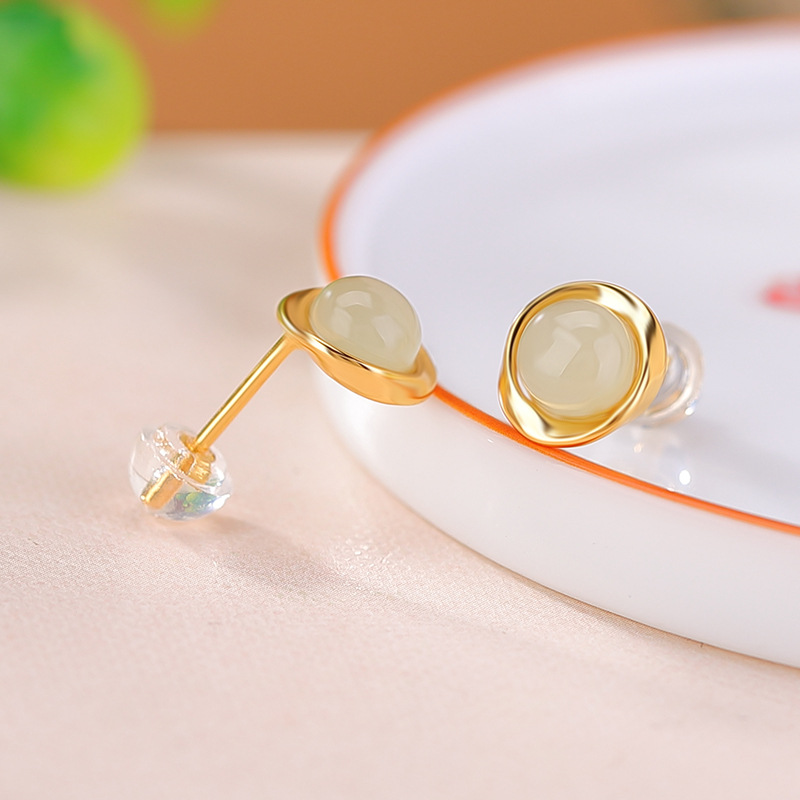Bông tai bạc S925 mạ vàng hạt tròn hình học phong cách retro — Phong cách ngọc nước trong suốt