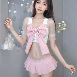 夜酥情趣内衣性感百褶裙清纯学生甜美诱惑泡泡袖制服分体套装7055