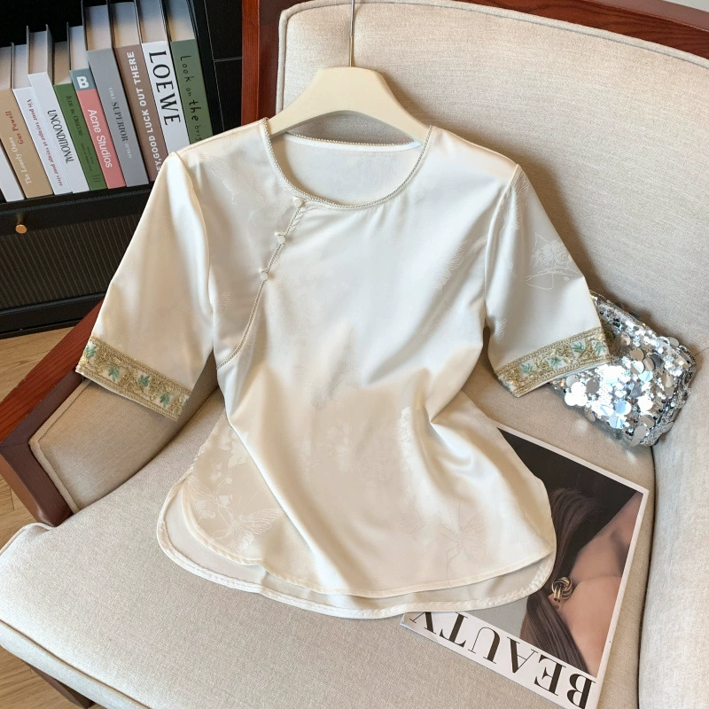 Женские топы из шелка тутового дерева в ретро-китайском стиле с короткими рукавами, лето 2025, новые жаккардовые шелковые рубашки с тиснением