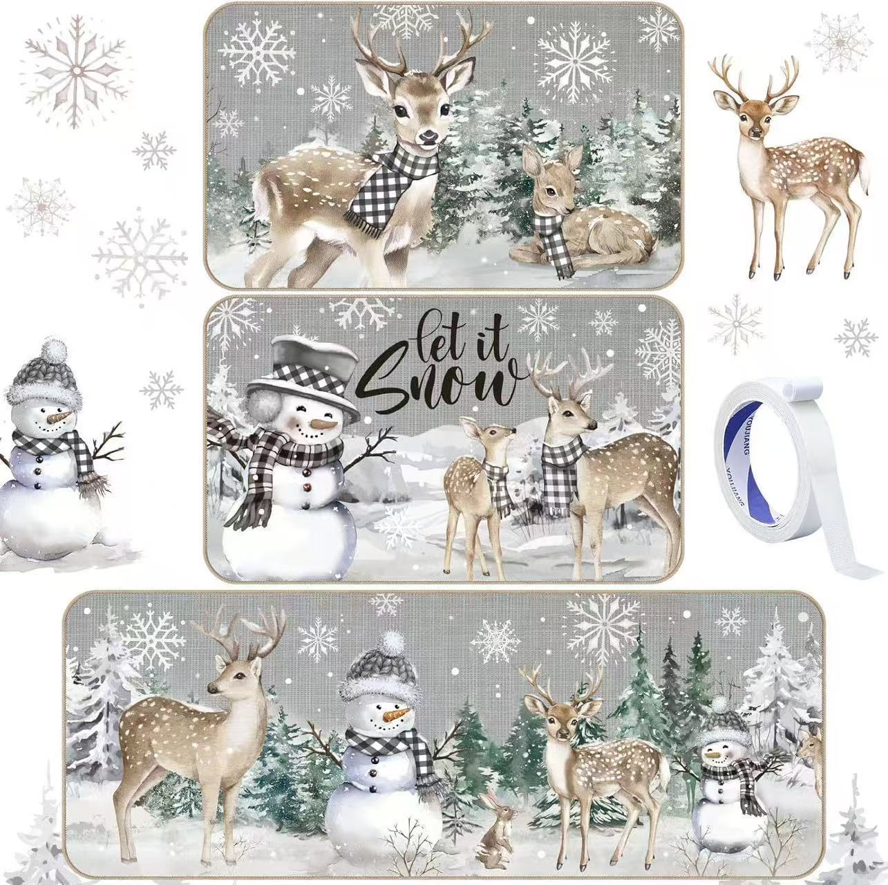 Cross-border Christmas kitchen floor mat three-piece set, corridor dirt-resistant and wear-resistant foot mat, home use long strip dustproof decorative floor mat