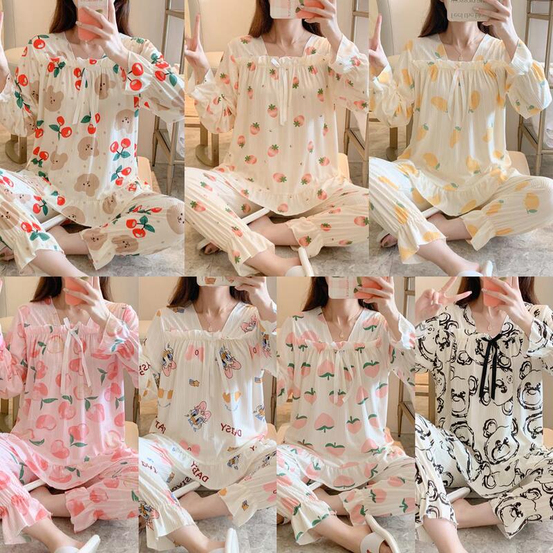 Cartoon Cute Bow Long-sleeved Pajamas Women's Lace Women's Home Clothes Autumn Two-piece Outfit Cross-Border
