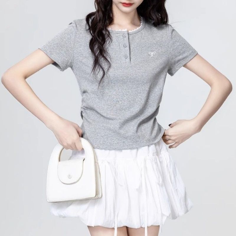 High-grade Lace Shoulder Short-sleeved T-shirt Women's Summer Bow Embroidered Pleated Unique Chic Cotton Top High-grade Lace Shoulder Short-sleeved T-shirt Women's Summer Bow Embroidered Pleated Unique Chic Cotton Top