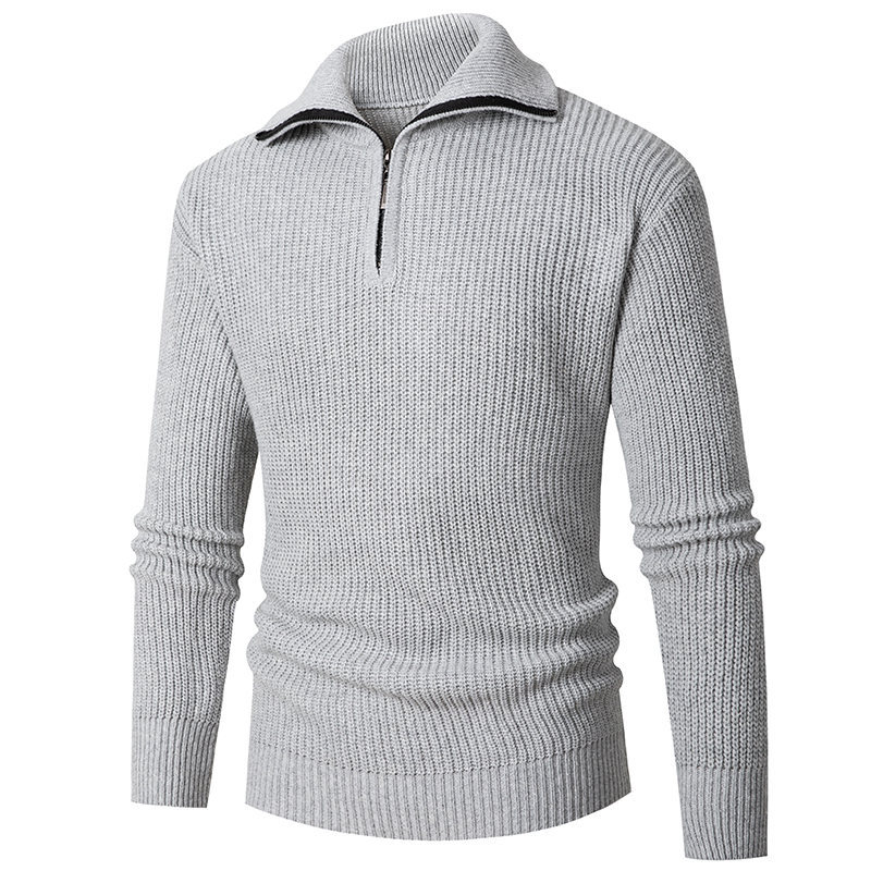 Autumn and Winter New Men's Sweaters Slim Fit Bottom Shirt Lapel Half Zip Knitwear Solid Color Top_voghion.com