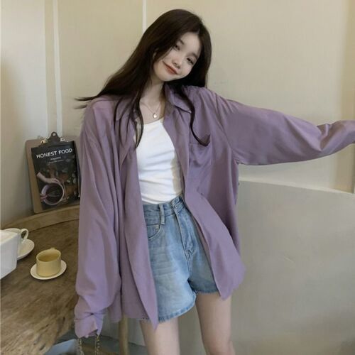 French purple sun protection shirt for autumn, loose, niche design, long sleeve women's thin, versatile Polo collar blazer shirt