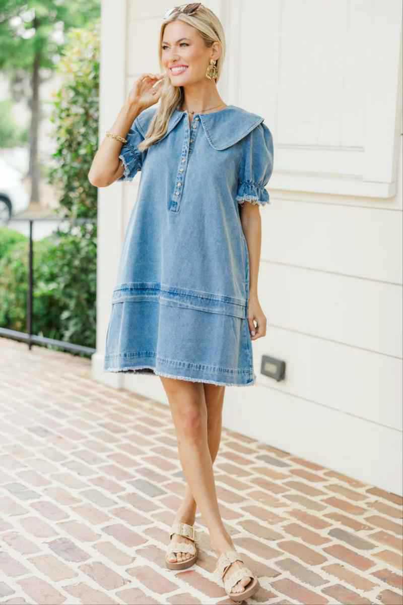 Women's Summer Denim Dress New Arrival Lapel Loose Ruffle Style_ecoleips.com