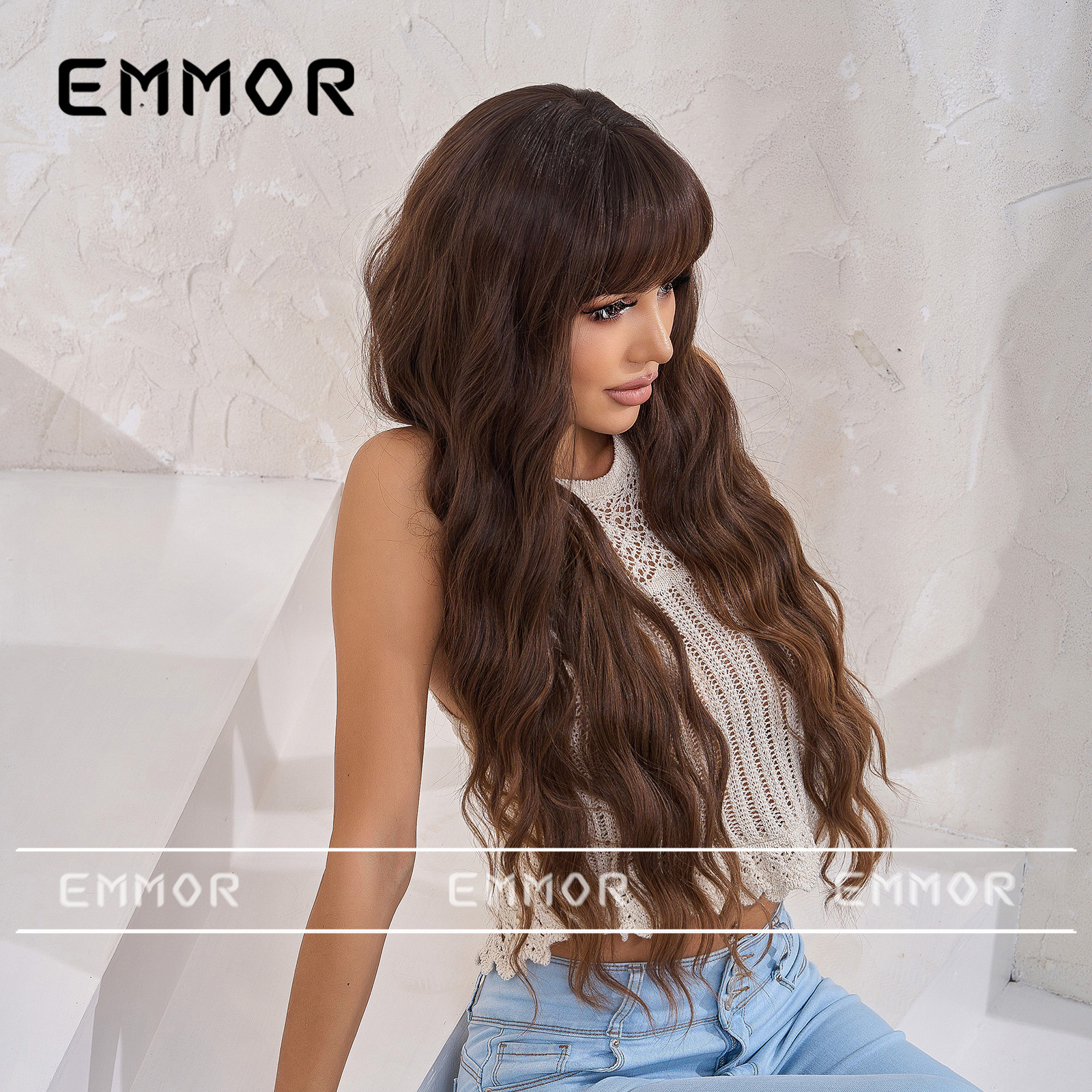 Estilo europeo y americano gradiente marrón recto flequillo lana rizado largo pelo rizado moda elegante seda de alta temperatura fibra química peluca cabeza cubierta