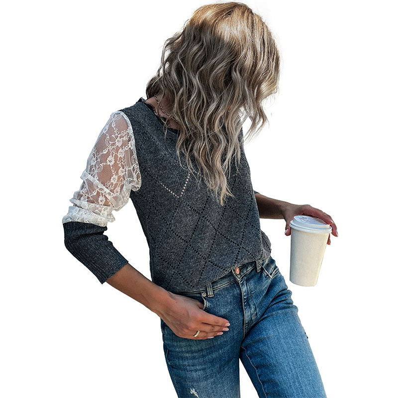 Solid Color Lace Splicing V-neck Pullover Sweater Pullover_voghion.com