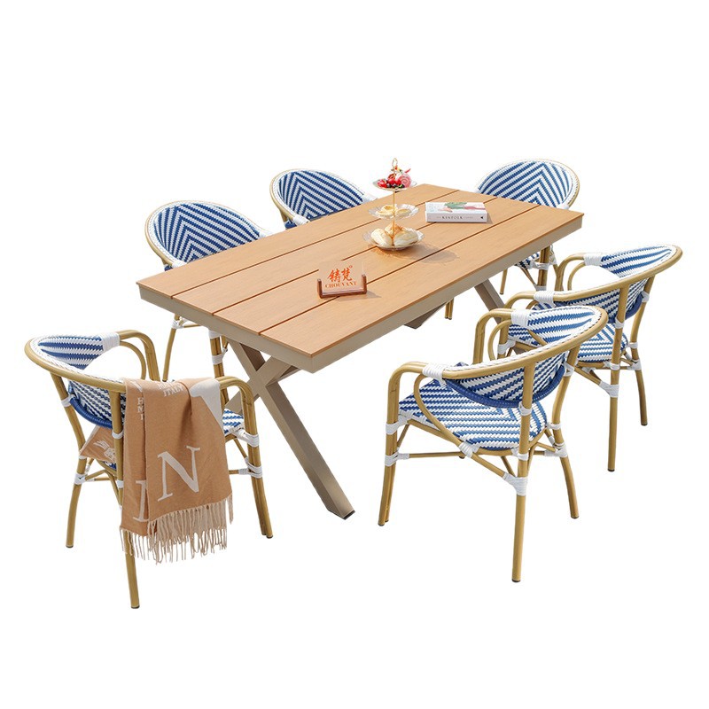 Mesas y sillas de patio al aire libre, muebles de jardín de ocio, sillas de ratán trenzadas, aleación de aluminio, plástico, madera, té con leche, cafetería, mesa de la calle comercial