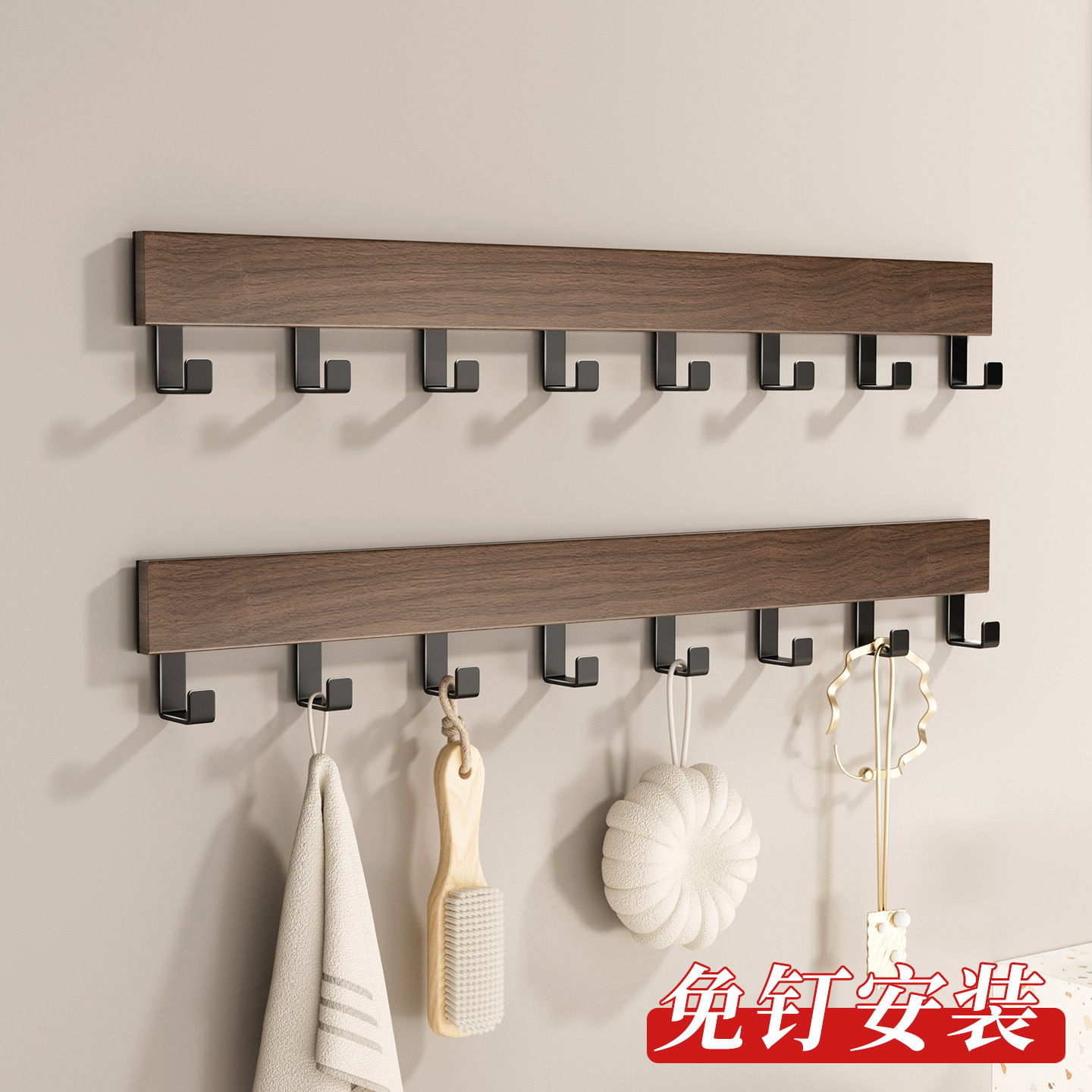 Medieval Style Walnut Wood Grain Hook Without Punching Door Back Clothes Hanger Bathroom Kitchen Bathroom Sticky Hook Wall Hanging