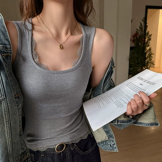 工厂春夏方领吊带背心女蕾丝拼接设计感显瘦打底内搭韩系纯色上衣