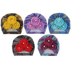 2021新款嬰兒飾品歐美寶寶春秋薄款無邊印花帽子寶寶破舊花粘鑽帽