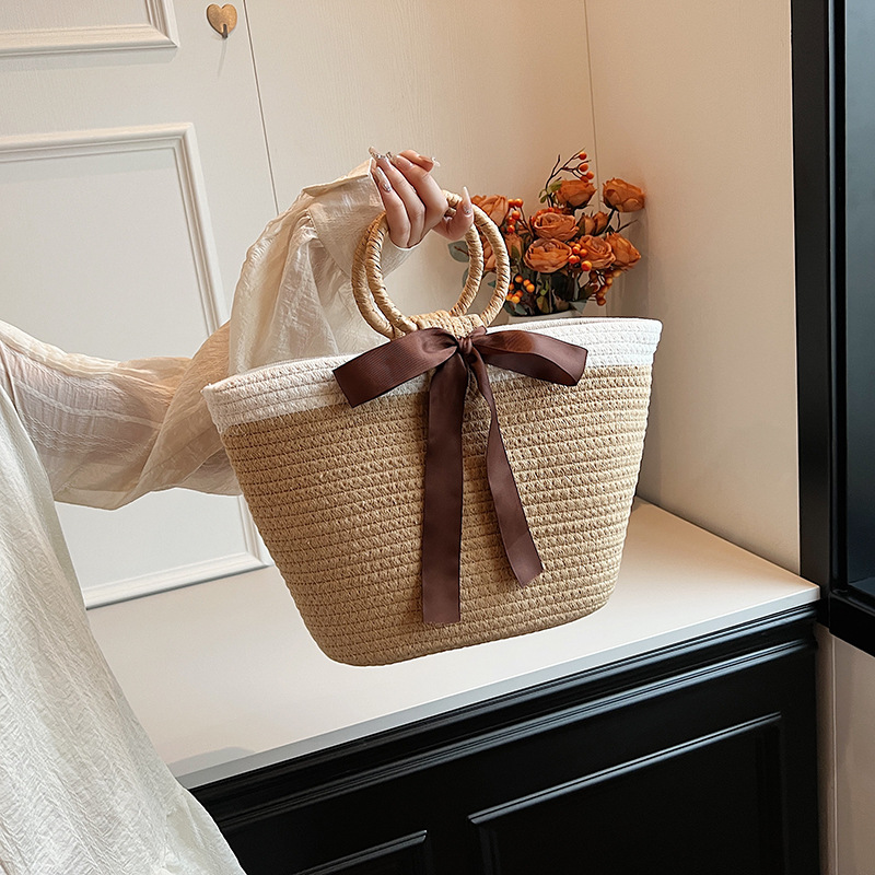 Bolsa de algodón trenzada para mujeres 2024 nueva moda de gran capacidad bolso de mano bolsa de balde de vacaciones casuales en la playa