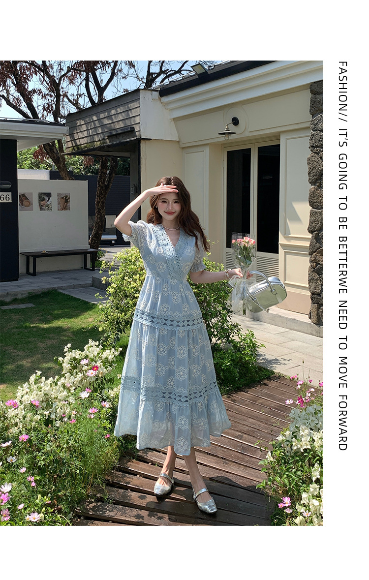 Đầm maxi nữ tay bồng ren hoa V cut-out phong cách Pháp cung đình — xanh lam, màu hồng, màu mơ chi tiết 28