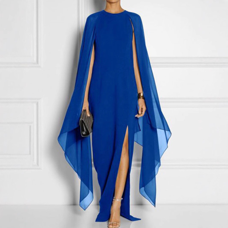 European and American Plus Size Amazon wish AliExpress eBay Solid Color Chiffon Cloak Sleeve Split Long Dress for Women