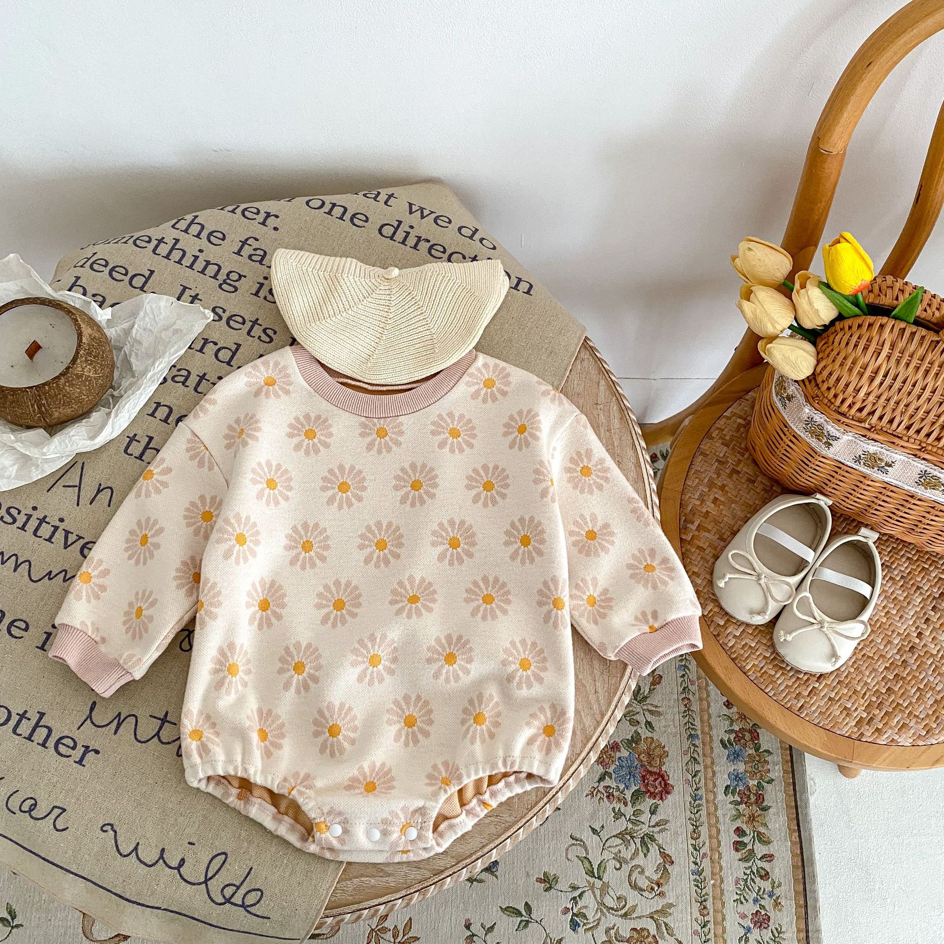 Ins 2024 autumn clothing for infants, young children, girls, babies, fresh flowers, jacquard long sleeved crawling_voghion.com