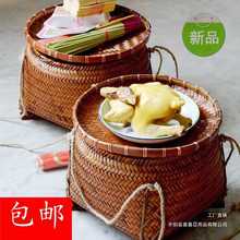 竹编收纳筐带盖子家用竹筐结婚用竹匾担竹编制品拜神竹编筐有盖