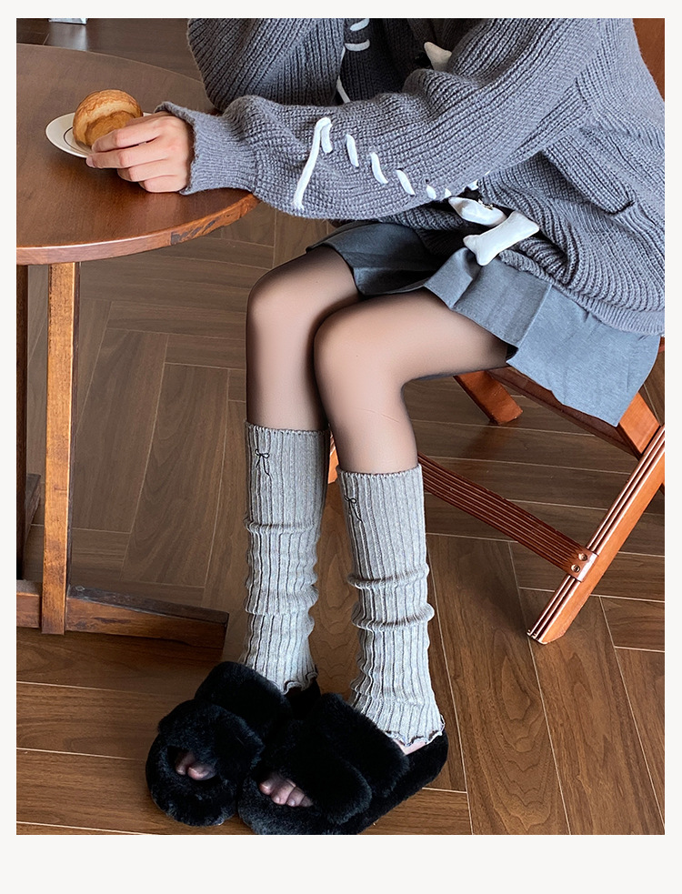 Leg Warmers Women's Autumn And Winter Pile Socks With Embroidered Bows, Maillard Ruffles And Japanese Style Knitted Calf Socks_voghion.com