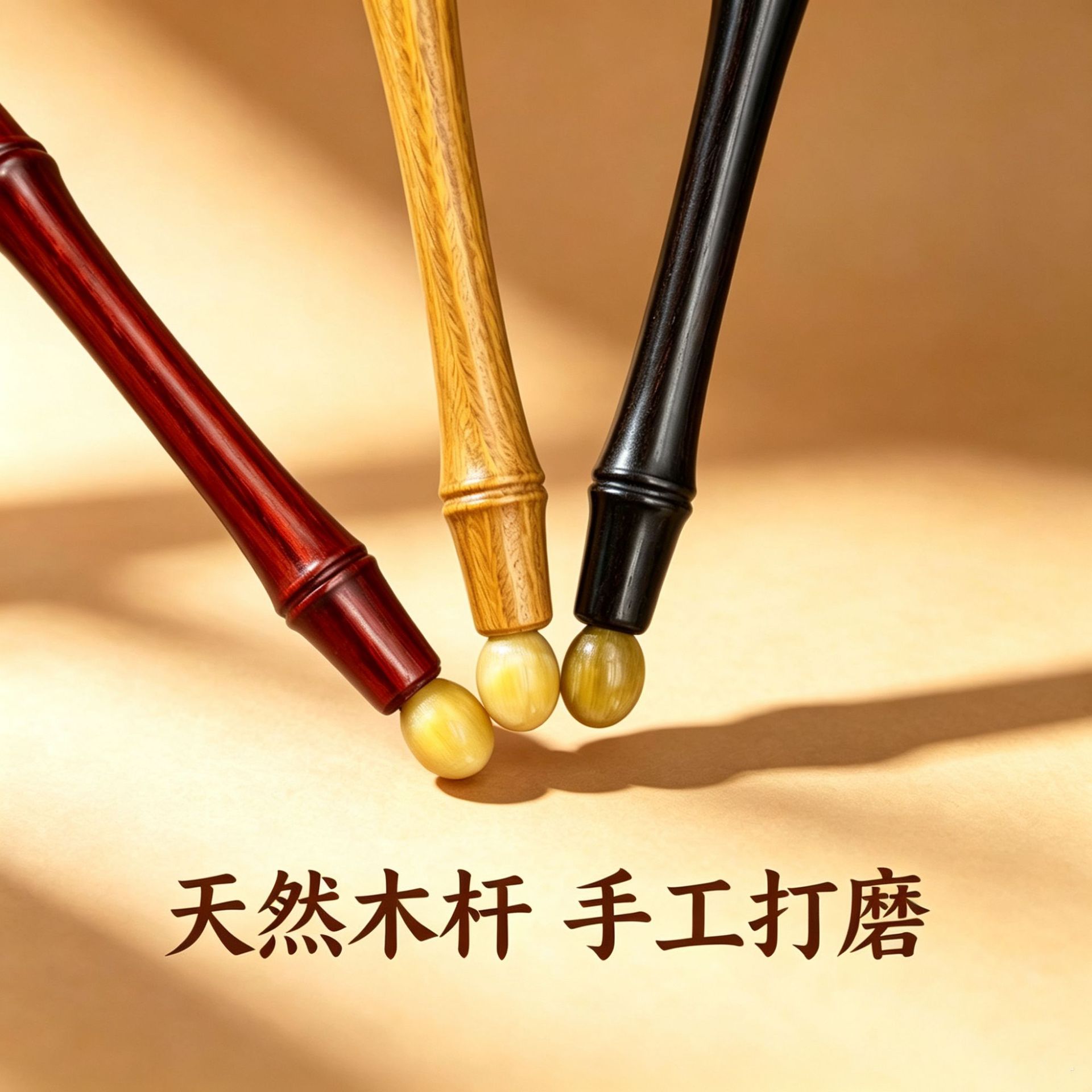 天然檀木竹节按摩棒双头牛角珠点穴棒全身肩颈手脚放松按摩器