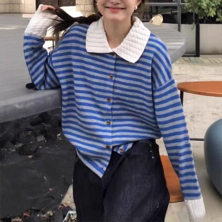 拼色条纹polo领长袖毛衣女针织衫秋冬新款休闲慵懒风宽松长袖外套|undefined