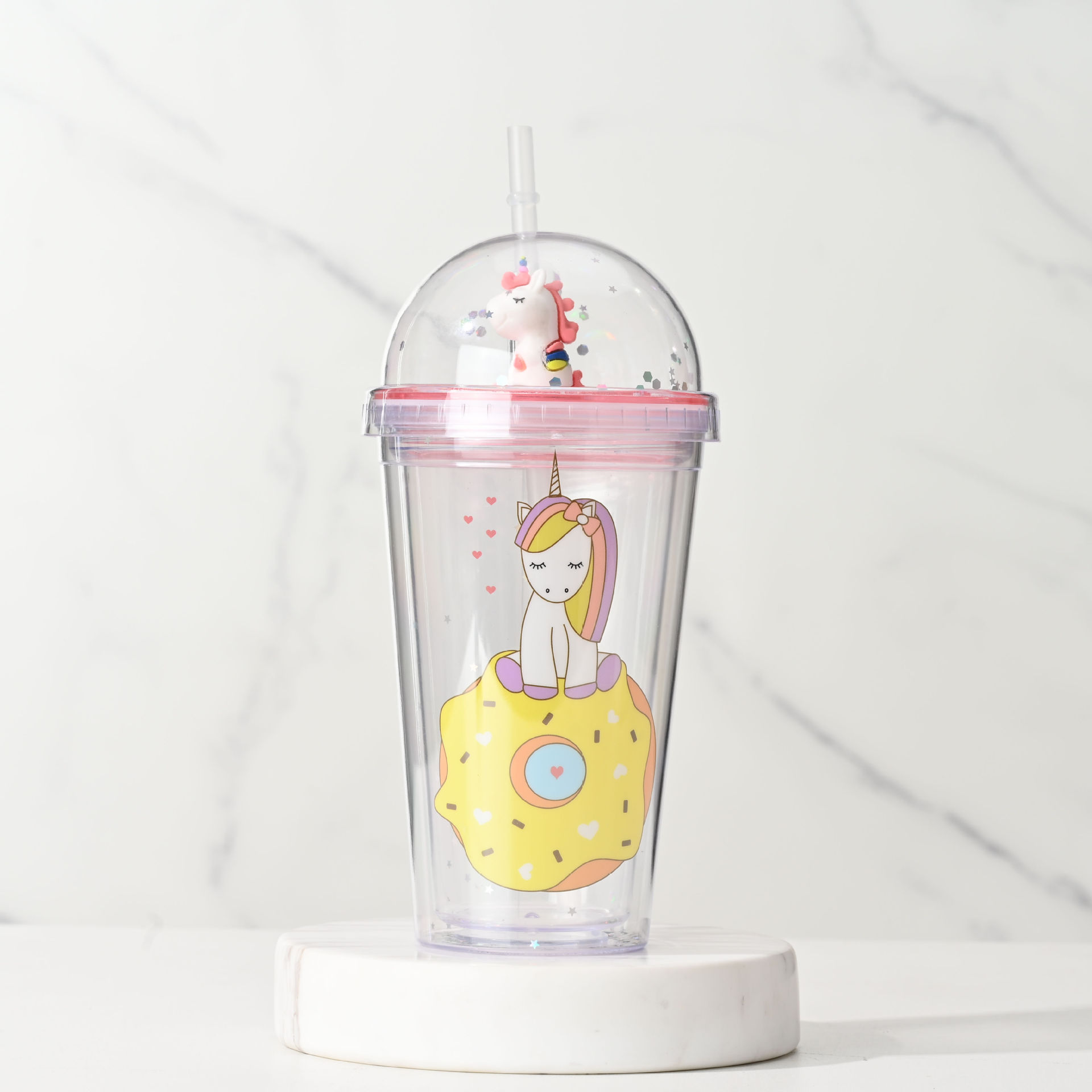 Internet celebridad de dibujos animados unicornio taza de agua de doble capa de plástico de hielo taza de trituración taza de paja taza de alto aspecto estudiante taza de los niños