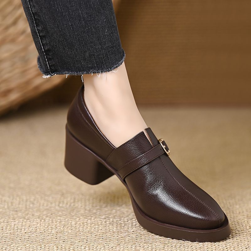 Retro Fashion Round Toe Thick Heel Flats for Women 2025 Spring and Autum New Commuter Versatile High Heels Deep Mouth Leather Shoes