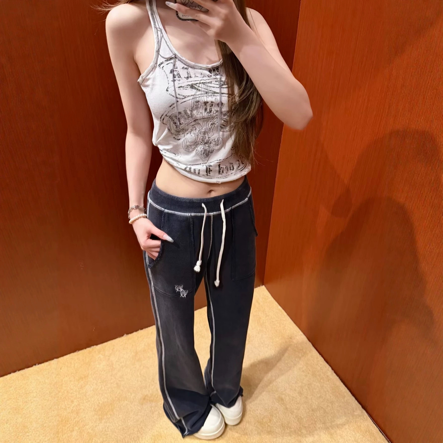 高品质现货火柴涂鸦小人印花ins休闲卫裤女时尚新款腰头抽绳长裤