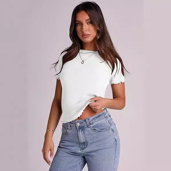 2024 Amazon Women's Round Neck Short-Sleeved T-Shirt Rib Slim-Fit Summer Basic T-Shirt Top
