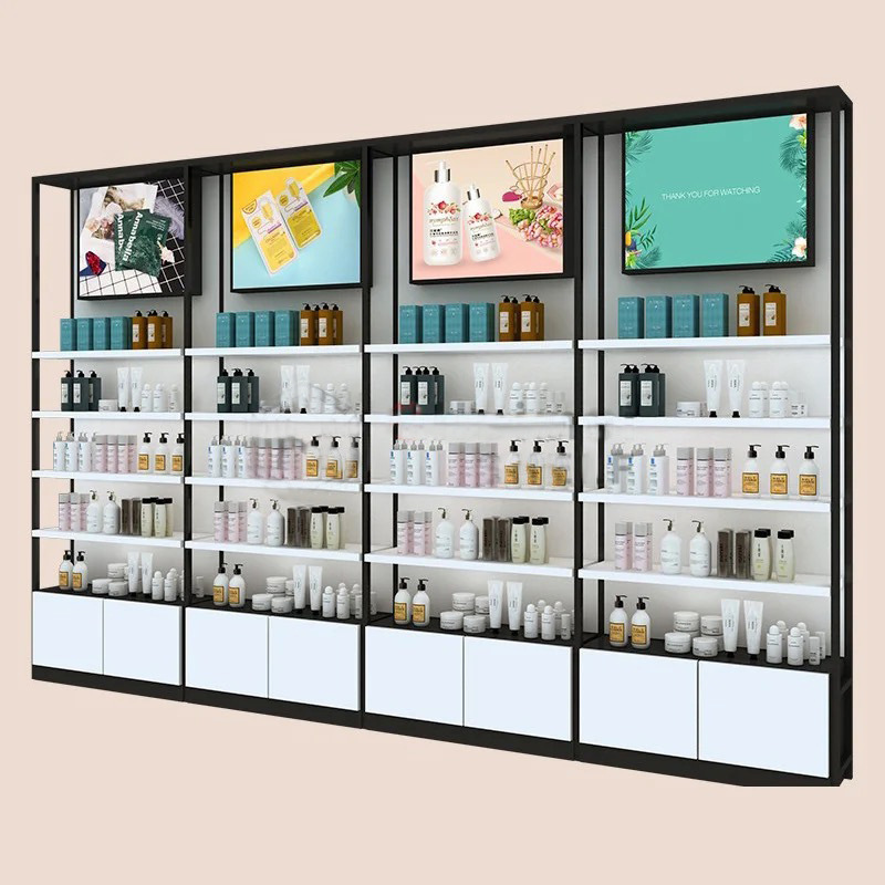 Estanterías de acero y madera para joyería, cosméticos, supermercados, centros comerciales, vitrinas de exhibición, armarios de almacenamiento comerciales multicapa personalizados para supermercados.