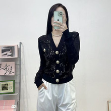 法式女装2025年夏季新款金扣亮片V领针织开衫女长袖镂空修身毛衣