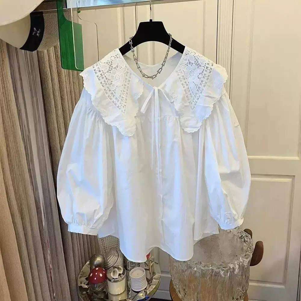 跨境2026新品 独立站设计感娃娃领甜美宽松长袖百搭衬衫上衣女