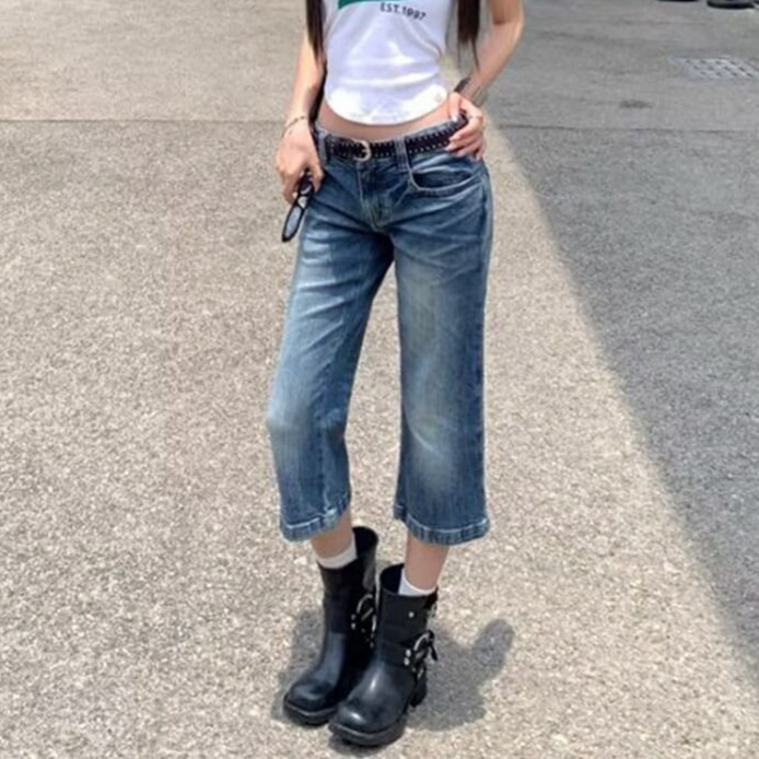 Wholesale American Retro Mid-Waist Hot Girl Style Flared Cropped Jeans Slim Fit Versatile Women's Jeans Dropshipping