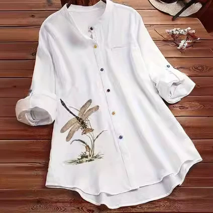 Весенние и осенние хлопковые и льняные женские рубашки с длинными рукавами