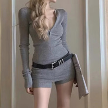 辣妹早秋随性舒适灰色针织衫性感俏皮显瘦腰带短裤时尚休闲套装女