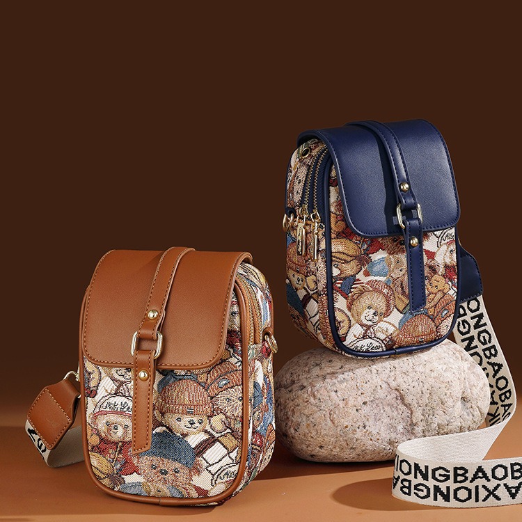 时尚外观可爱卡通图案刺绣绣花撞色单肩斜跨女包手机包2024新款