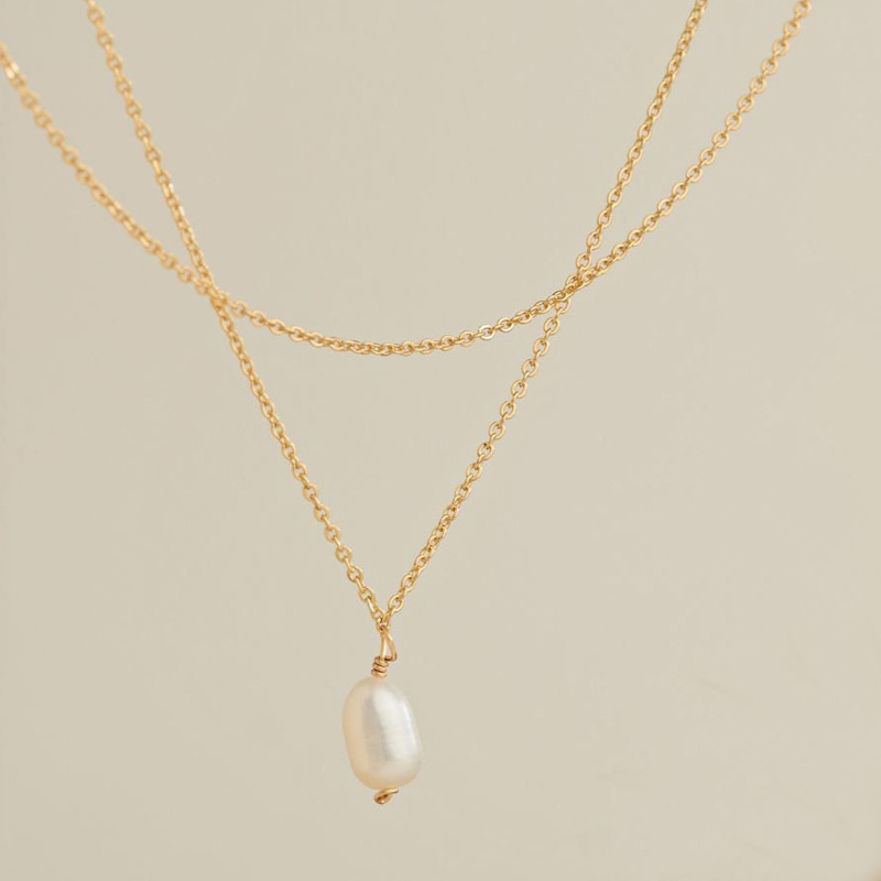 Collier Double Couche En Perles D Eau Douce Et Acier Inoxydable_voghion.com