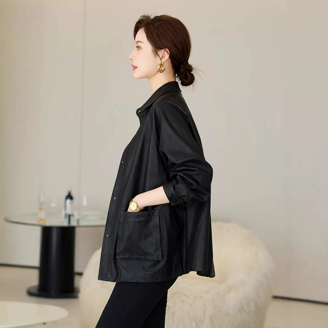 Элитная рубашка, jacket, длинный рукав, плащ-тренч, натуральная кожа, свободный крой