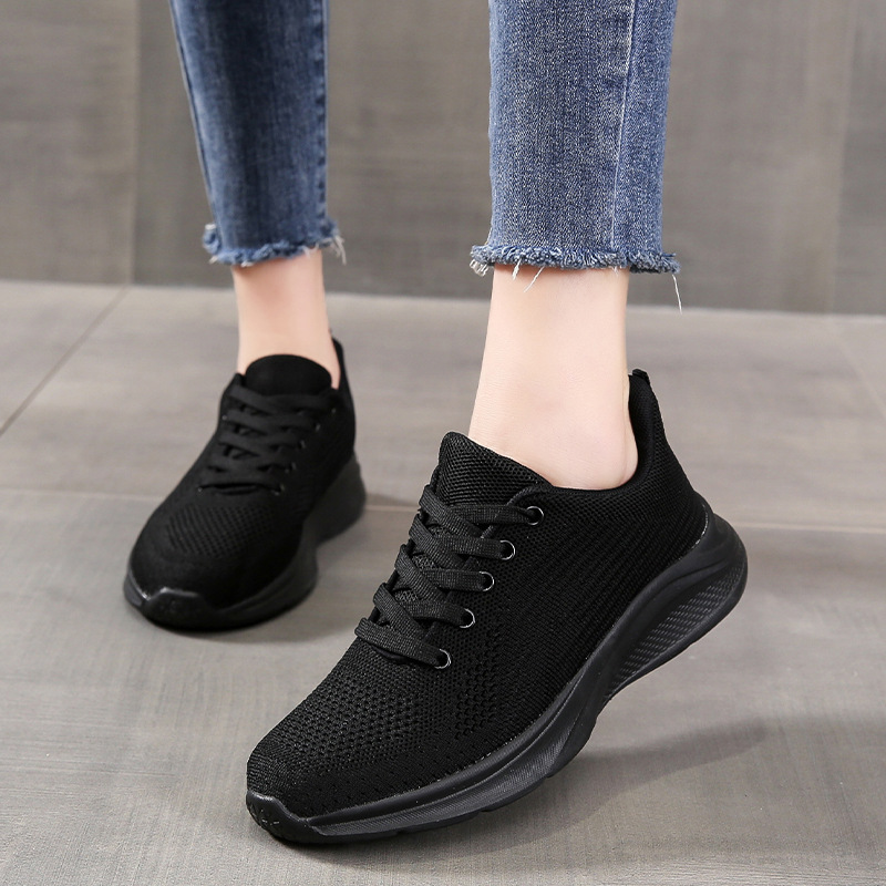 Plaid All Black Women's Shoes 2025 Spring and Summer Mesh Shoes Women's Breathable Sports Shoes Women's Soft Sole Running Shoes Casual Work Shoes