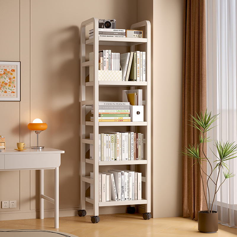 Estante de libros de hierro forjado estante de almacenamiento de piso multicapa polea móvil pequeño estante de libros junto al escritorio simple pared estrecha gabinete de almacenamiento