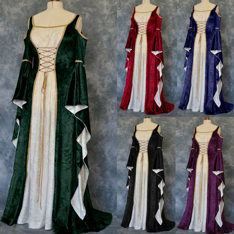 2022wish AliExpress gold velvet horn sleeve vintage medieval European court long floor-length dress
