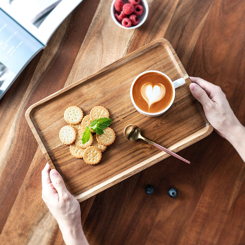 Acacia madera bandeja de comida rectangular bandeja de té europea bandeja de pan de cocina frutas bocadillos de té de la tarde bandeja de postre