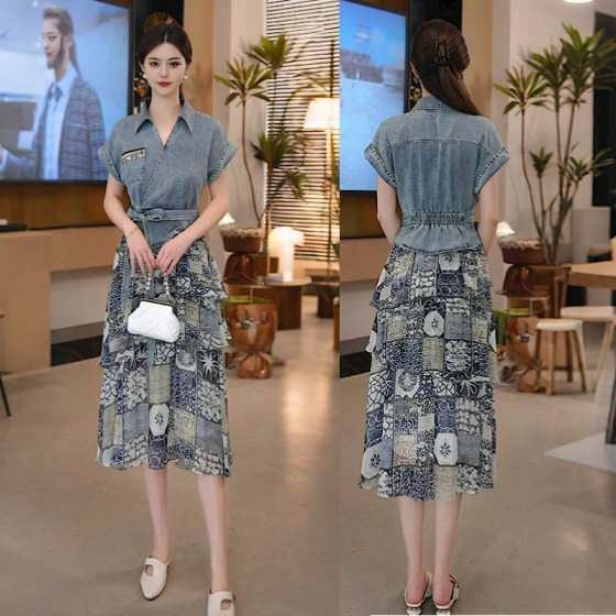 9816 Real Shot Summer Women's Clothing Embroidery Elegant Mori Style Long Dress Slimming Blue Floral Short-sleeved Dress