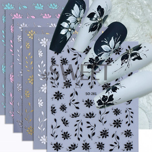 Cross-Border New Nail Art Stickers Ins Style Black and White Gold and Silver Hot Stamping Flowers and Leaves 3D Adhesive Nail Stickers