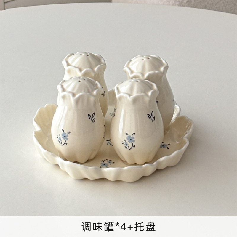 穆尼法式奶油风碎花调料瓶陶瓷托盘厨房用品装饰餐桌摆件三孔调味|undefined